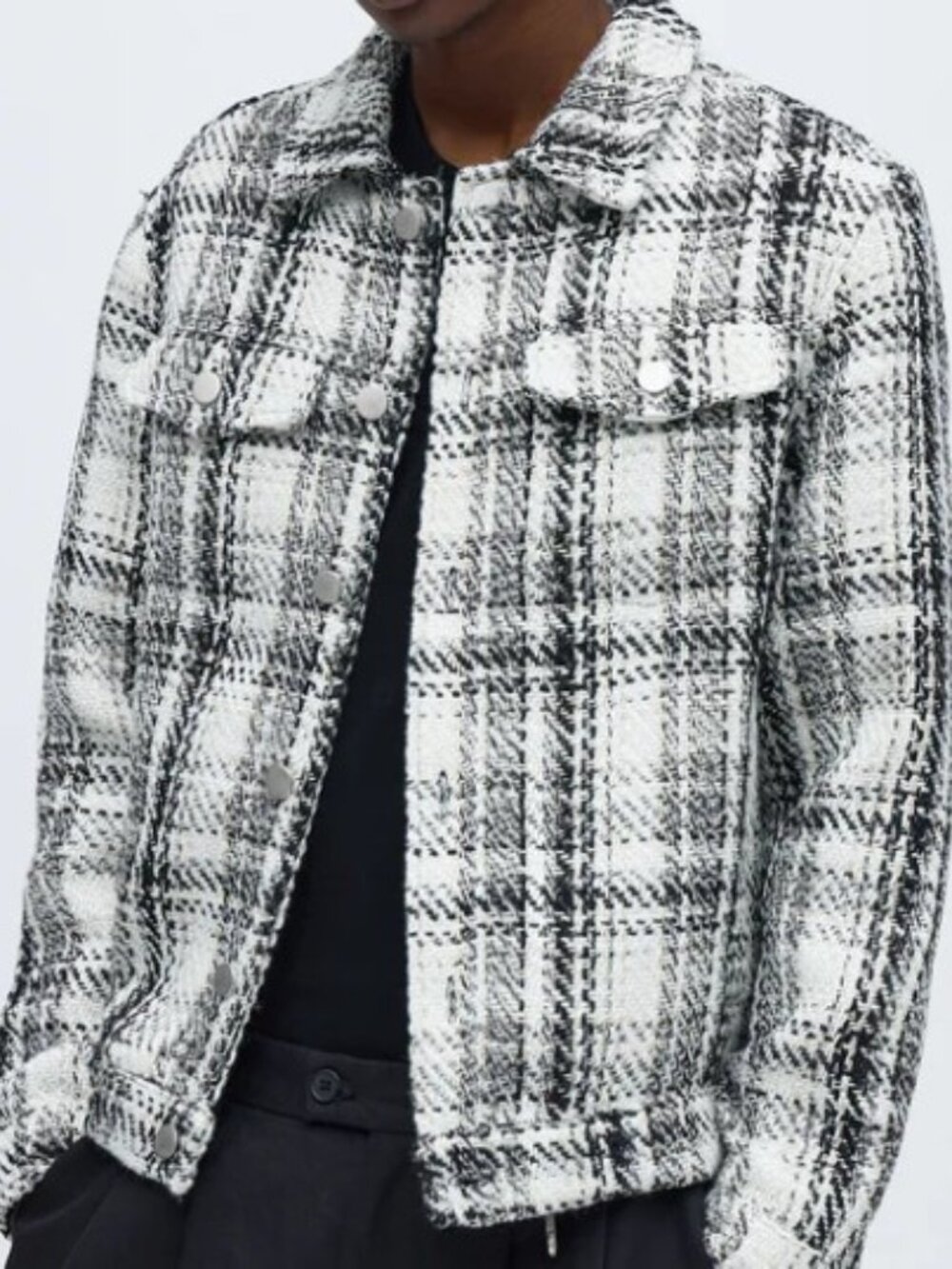 Tweed Plaid Trucker Jacket - Black